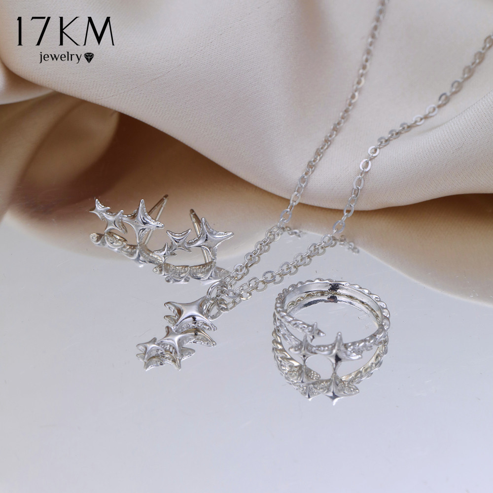 17km 3 Cái / bộ Đơn Giản Ngôi Sao Vòng Cổ Bông Tai Bộ Bạc Bông Tai Dây Xích Choker Nhẫn Nữ Trang Sức Phụ Kiện