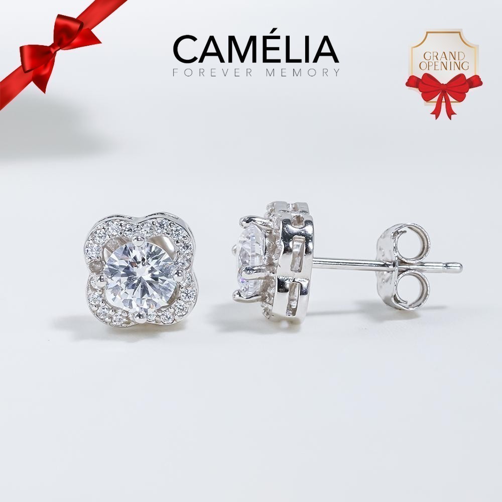 Khuyên tai nữ bạc 925 KIM CƯƠNG MOISSANITE - ESW032 CAMÉLIA mẫu hoa 4 cánh may mắn đá cao cấp chủ 5ly, 6ly5 cao cấp