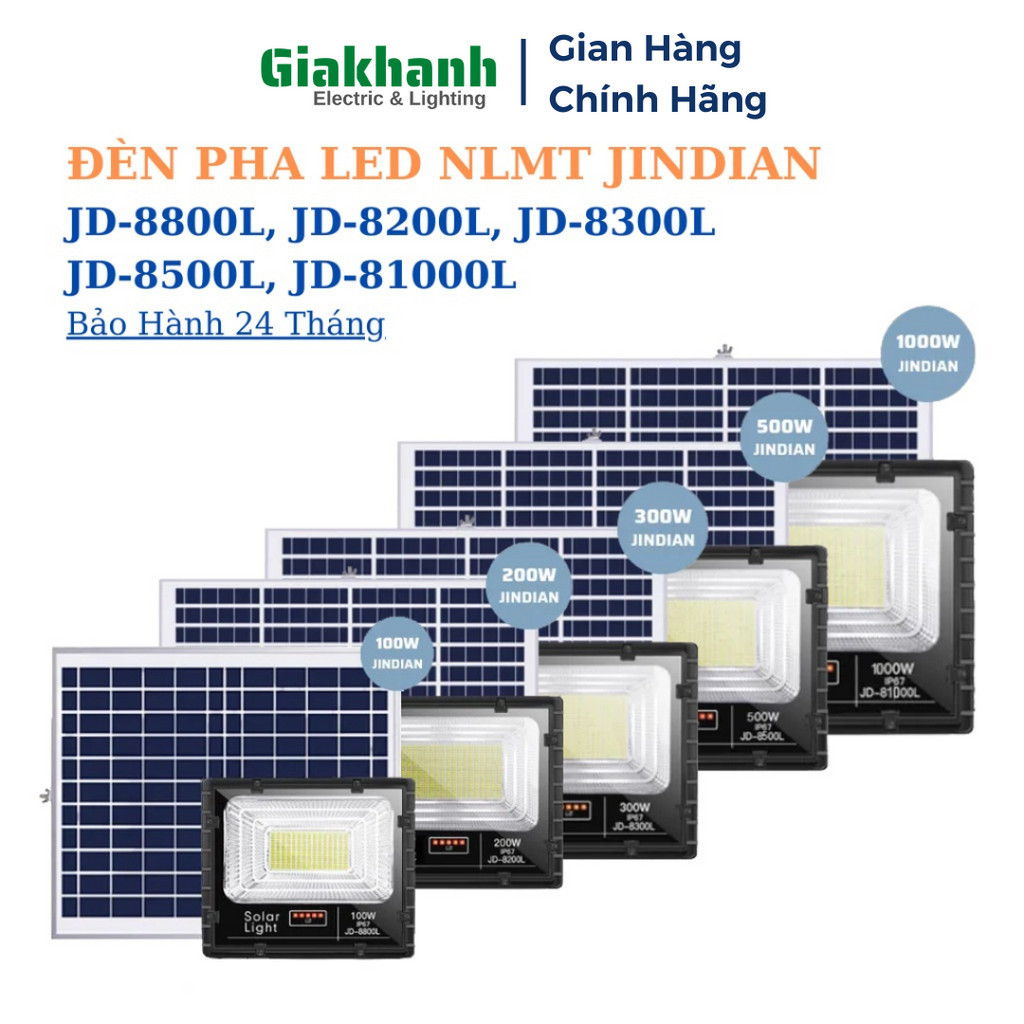 Đèn Pha Năng Lượng Mặt Trời Jindian JD-8800L 100W, JD-8200L 200W, JD-8300L 300W, JD-8500L 500W, JD-8