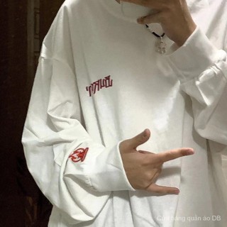 Áo Thun Nữ Cotton Ngọn Lửa Thêu Chữ Giữa Dài Áo Len Xuân Thu Rời Phong Cách Hàn Quốc Hợp Thời Trang Đáy Áo Sơ Mi