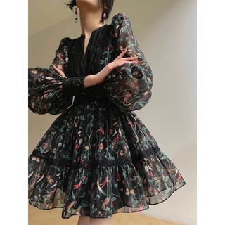 Phụ Kiện Đêm Hoa Hồng Pháp Retro In Hình Đơn Giản Thiết Kế Đầm Cổ Chữ V Ren Eo Eo Ôm Hơn Nhìn Trà Phá Đầm Ngọt Ngào
