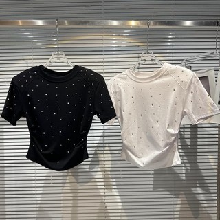 Influencer Cùng Phong Cách Mùa Hè 2024 Phong Cách Mới Gypsophila Kim Cương Giả Nóng Họa Tiết Hot Girl Crop Ngắn Tay Áo Thun