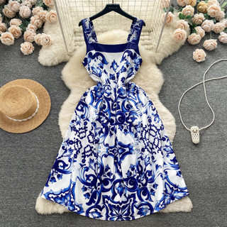 Tính khí cổ điển Màu xanh trắng in sứ Slim-fit a-line Thanh lịch bên bờ biển Phong cách nghỉ mát Sling Mid @ -