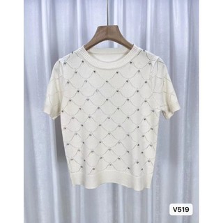 Xiao Dệt Kim Plus Size Quần Áo Nữ Công Cụ Tiện Dụng Giảm Tuổi Rỗng Hạt Công Nghiệp Nặng Phù Hợp Với Tất Cả Trận Đấu Ngắn Tay Chồn Kiểm Tra