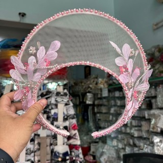 Mấn cài tóc cô dâu cô dâu màu hồng phấn lưới 2 tầng hoa đính đá Trần Thị Hạnh