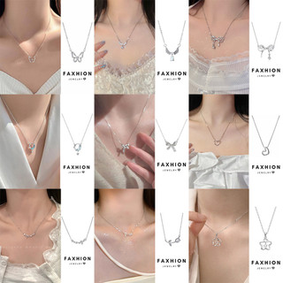Faxhion Đơn Giản Nơ Mặt Dây Chuyền Vòng Cổ Nữ Bạc Dây Chuyền Cỏ Ba Lá Trái Tim Choker Phụ Kiện Trang Sức
