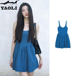 Yaoli (Có dây kéo) Váy xanh Klein dành cho nữ, váy treo sang trọng dễ thương và giảm tuổi, sang trọng dành cho người nhỏ