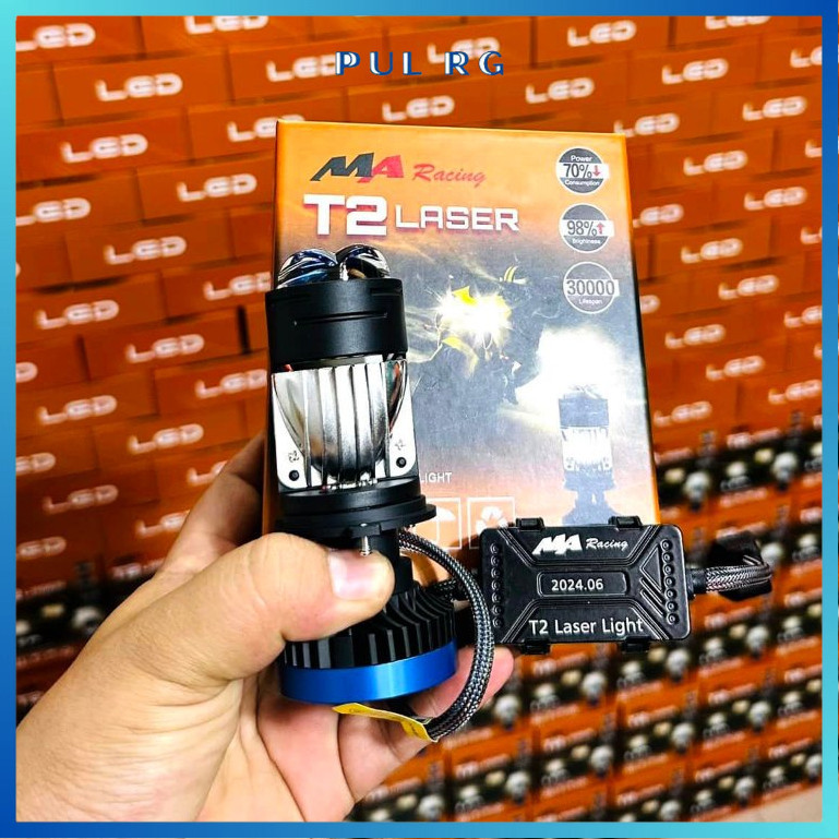 Đèn pha led bi cầu mini T2 LASER MA RACING chân H4 75W  siêu sáng cho xe máy