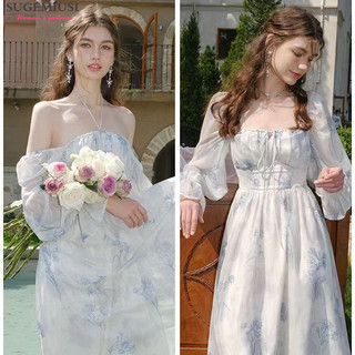 Sugemiusi Phong Cách Pháp Cổ Vuông In Kích Thước Lớn Ôm Hơn Nhìn Đầm Nữ Hình Quả Lê Béo mm Siêu Cổ Tích Mori Phong Cách Váy Dài