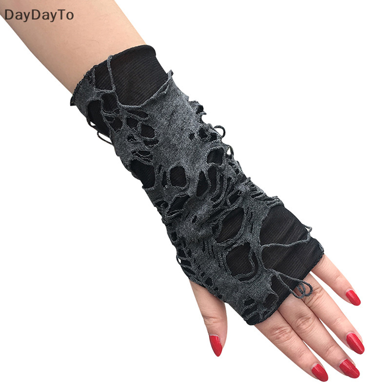 DayDayTo Casaul Broken Gloves Sexy Gothic Fingerless Gloves Halloween Gloves Black Ripped Holes Deco