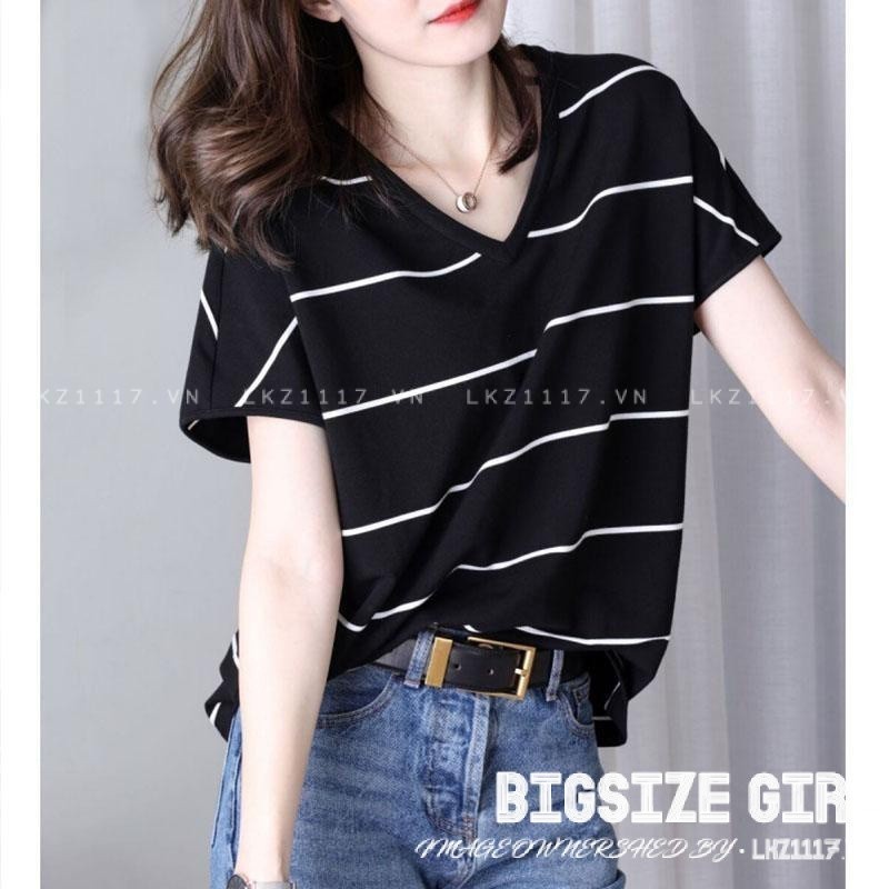 Áo thun nữ tay ngắn Bigsize Áo kẻ sọc form rộng cổ chữ v mùa hè Phong cách Hàn Quốc Thời Trang đẹp