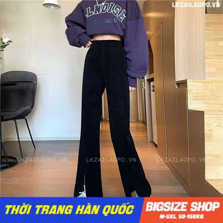 Quần dài nữ quần tây lưng cao Bigsize quần ống loe cạp chun lưng thun ống rộng suông xẻ tà đen mùa thu Phong cách Hàn Quốc Thời Trang đẹp