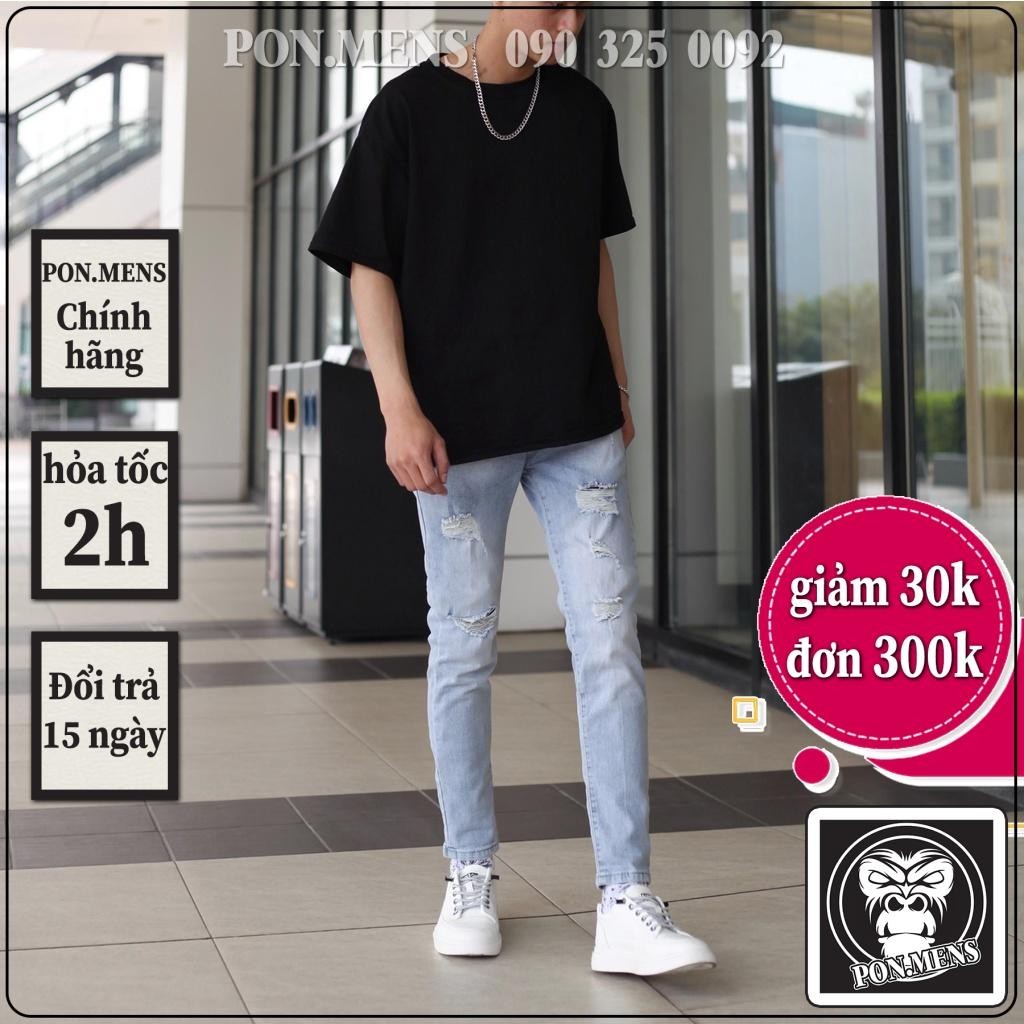 Quần jean nam rách gối chất bò co giãn tốt màu xanh nhạt dáng slimfit skinny phom ôm 5679 Pon.mens hà nội hcm freeship