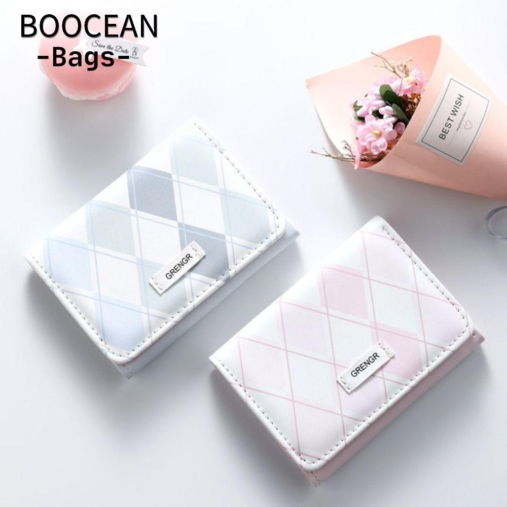 BOOCEAN Túi đựng thẻ, màu xanh lam với ví đựng thẻ họa tiết ca rô, Hộp đựng thẻ tín dụng đơn giản đa chức năng PU thời trang dành cho nữ