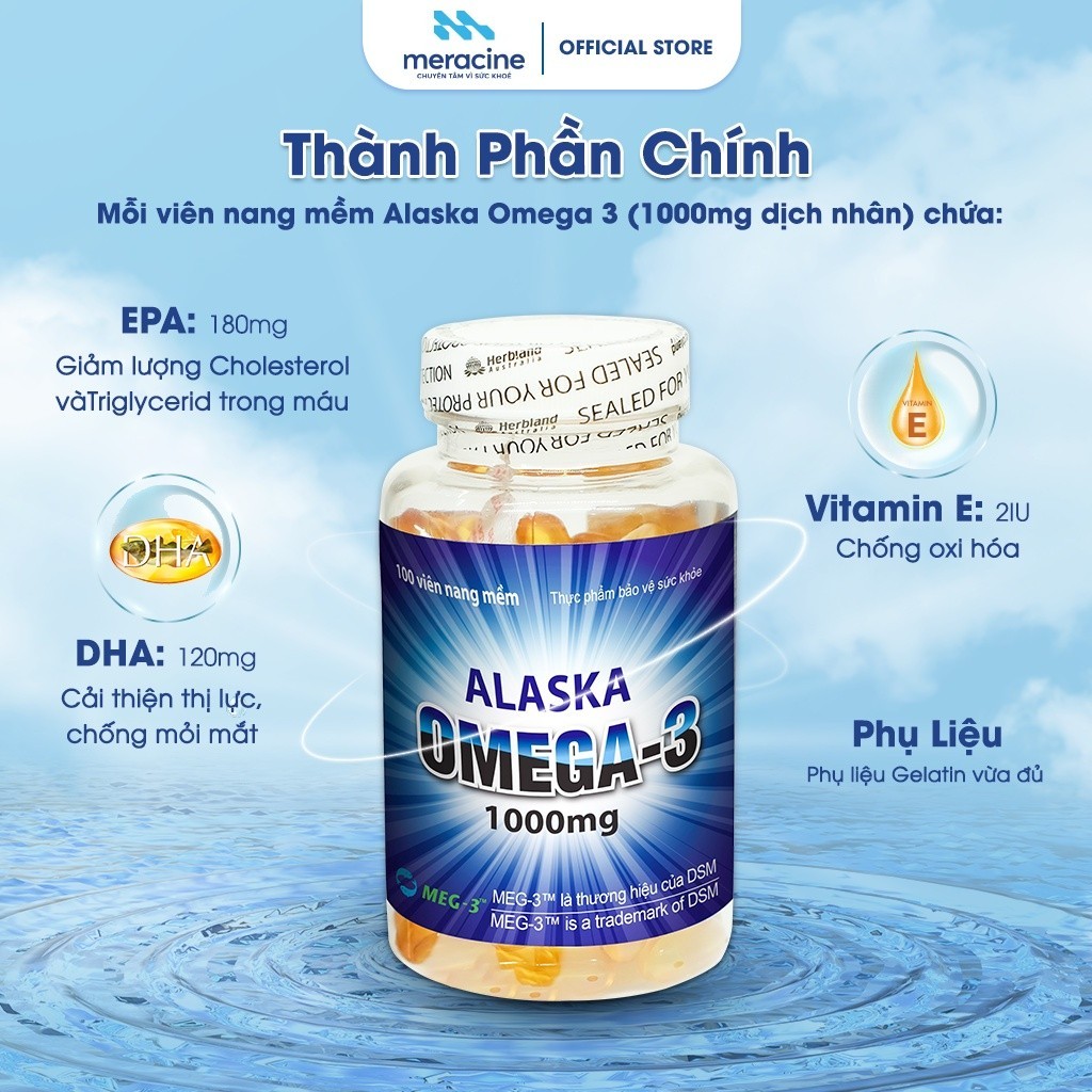 Viên uống dầu cá Omega 3 Alaska tăng cường thị lực cho người lớn và trẻ nhỏ lọ 100 viên