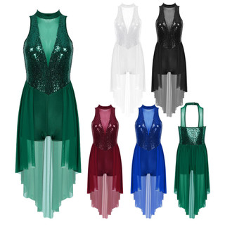 Inhzoy Nữ Lấp Lánh Sequin Đầm Lyrical Khiêu Vũ Trang Phục Mock Cổ Không Tay Lưới Váy Leotard Khiêu Vũ