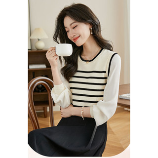 Áo coquette tay dài Áo baby tee Giả Hai Mảnh Áo Len Pháp Nữ Thu Đông Phong Cách Mới Dài Tay Retro Sọc Áo Len Top