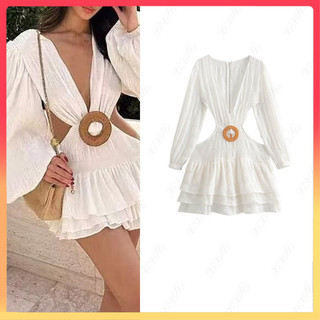Zara Za Mùa Hè Phong Cách Mới Quần Áo Nữ Châu Âu Người Mỹ Nổi Tiếng Phong Cách Kỳ Nghỉ Gợi Cảm Slim-fit Trắng Thời Trang Cổ Chữ V Rỗng Váy Phồng