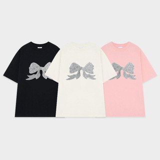 SELVZE Áo thun Cotton nguyên chất in nơ cổ điển thời trang và độc đáo giản dị dáng rộng tay ngắn dành cho nữ