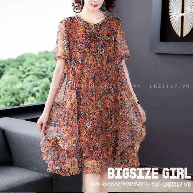 Đầm trung niên Bigsize nữ Váy hoa nhí voan dáng suông tay ngắn cổ tròn mùa hè，Đầm trung niên sang trọng cho mẹ đẹp thời trang Cao Cấp | BigBuy360 - bigbuy360.vn