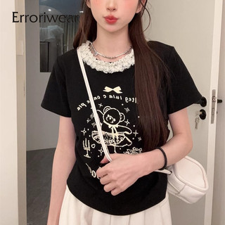 Erroriwear Nữ Áo Thun Gấu Mới In Ren Vai Trước Tay Ngắn