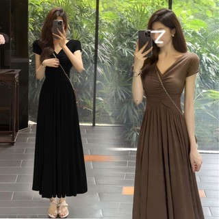 Cao Cấp Thanh Lịch Treo Cổ Chữ V Phong Cách Pháp 2025 Mùa Hè Mới Slim Fit Eo Kiểm Soát Giảm Béo Chia Đầm