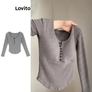 Lovito Áo thun trơn có nút thông thường cho nữ LNE39238 (Mơ/Xám/Đen)