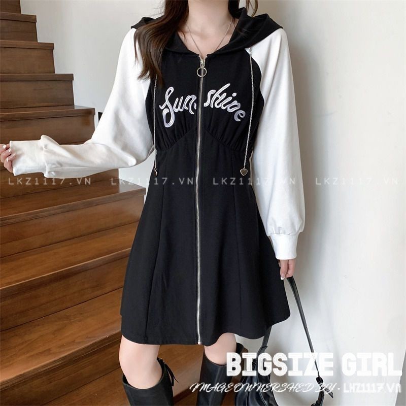 Váy đầm nữ Bigsize Đầm nỉ hoodie dáng suông tay dài cổ chữ v thiết kế khoá kéo mùa thu Phong cách Hàn Quốc Thời Trang cá tính xinh đẹp cho người mập béo nữ