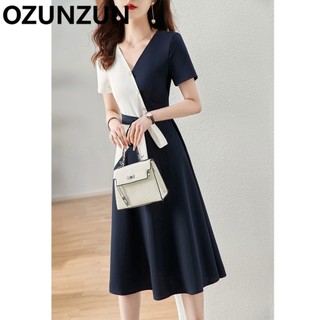 Ozunzun Phối Màu Sắc Tương Phản Giảm Béo Giữa Chiều Dài Đầm Tay Ngắn 9998 #
