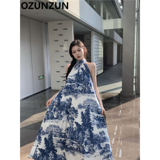 Ozunzun Leisure Kỳ nghỉ giải trí Váy thiết kế in mực vải lanh chữ A 3590