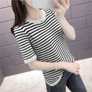 Mùa Hè Phong Cách Mới Băng Lụa Sọc Áo Thun Ngắn Tay Phiên Bản Hàn Quốc Mỏng Cổ Tròn Thoáng Khí Áo Len