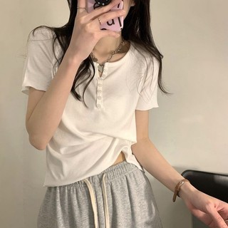 [Linin] Áo thun ngắn tay nữ mùa hè phong cách mới cổ chữ V co giãn cổ chữ V ngắn @ -