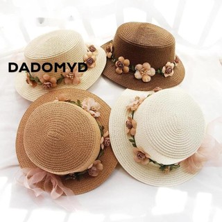 Luoyao Mũ Rơm, Mũ Chống Nắng Màu Be, Hoa Ruy Băng Ren Nơ Rộng Vành Xô Nắp Cha Mẹ-Con