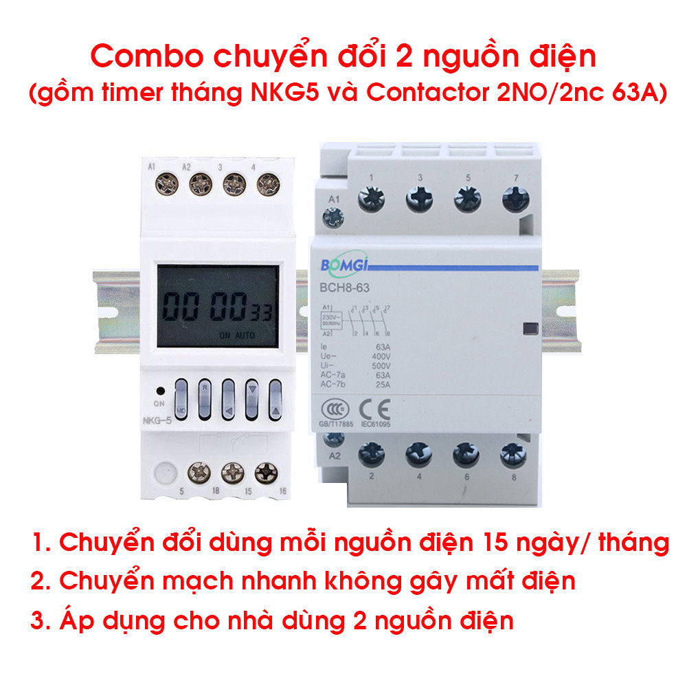 Combo ATS 63A Bộ chuyển nguồn điện tự động không gây mấy điện gồm Timer tháng NKG5 + Contactor 2NO/2