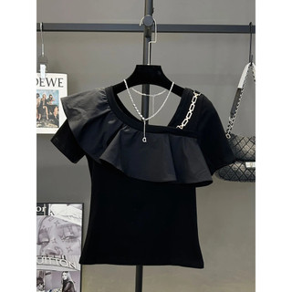 Cotton Nguyên Chất Dây Xích Cổ Xù Ngắn Tay Áo Thun Nữ Mùa Hè Mới Top