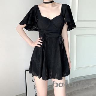 Đầm Bơi Nữ Slim Pointelle Dây Rút Người Yêu Cổ Tay Ngắn Mini Đồ Bơi Mùa Hè