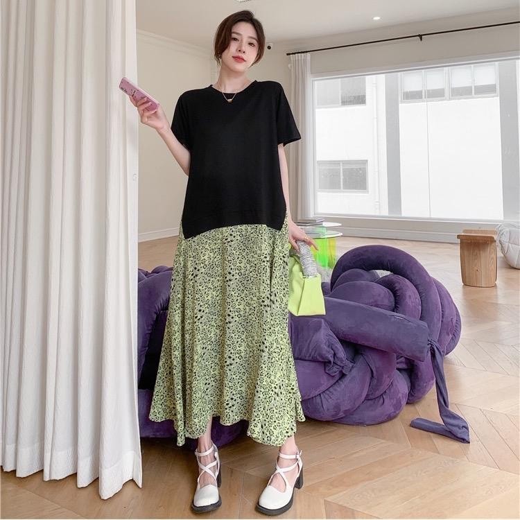 Váy bầu phối chân váy da beo xanh váy suông bigsize