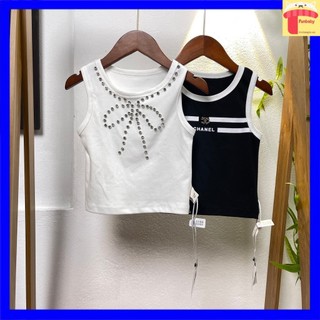 Áo 3 lỗ bé gái sành điệu 1-9 tuổi đính đá và phối kẻ vải cotton co giãn thấm hút mồ hôi kiểu dáng thời trang