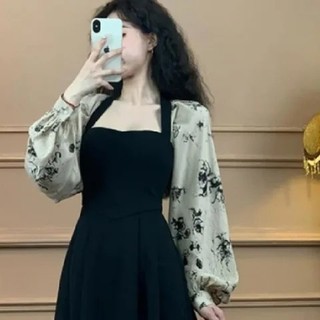 Retro Hepburn Cổ Vuông Khâu Hoa Đầm Xuân Thu Tính Khí Eo Nẹp Váy Dài Nữ