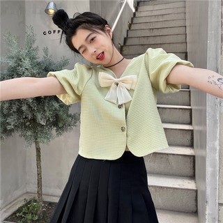 Nơ Cổ Chữ V Áo Sơ Mi Tay Phồng Cho Nữ Mùa Hè Mới Niche Kẻ Sọc Ngắn Tay Top