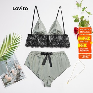 Bộ đồ ngủ Lovito vải satin thắt nơ phối ren tương phản sexy L17X467 (màu xám)