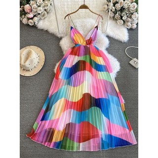 Thời Trang Nữ Vintage Gợi Cảm Đi Biển Kỳ Nghỉ Tiệc Đi Biển Váy Dài Mùa Hè Không Tay Dây Treo Cao Cấp Ôm Chữ A Gấp Nhiều Màu Sắc In Váy Voan
