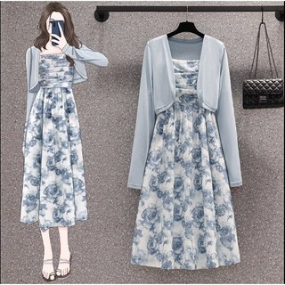 Sét Váy Đầm Bigsize Áo Khoác Len Phối 2 Dây Nhún Ngực Dáng Xoè Tiểu Thư Nữ Tính🌸Hàng Quảng Châu