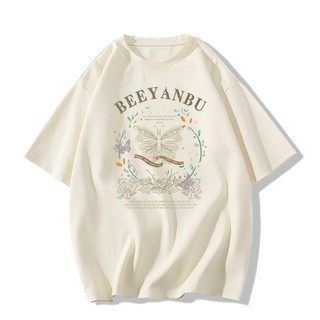 SELVZE Áo thun cotton ngắn tay in họa tiết bướm cổ tròn nguyên chất in họa tiết bướm cổ tròn dáng rộng dành cho nữ