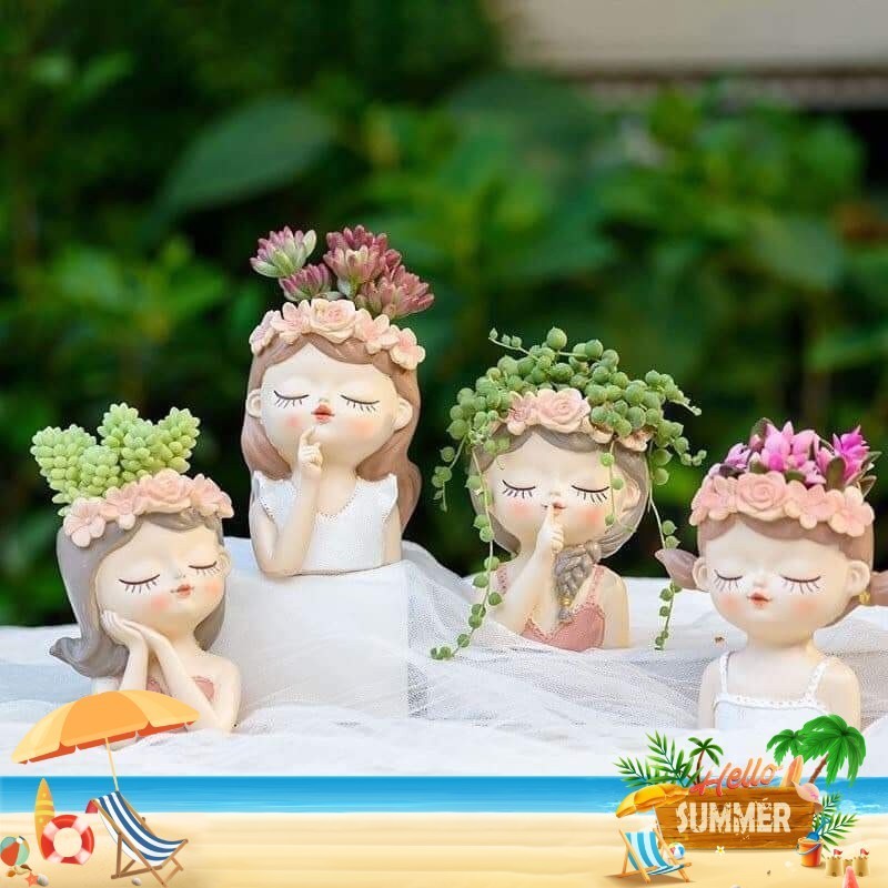 Bình hoa hình cô gái dễ thương size mini 11cm dùng decor, trồng sen đá, hoa giả