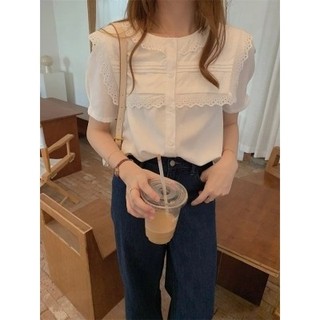 Balamy Gao Tian Seoul Ren Cổ Áo Sơ Mi Nữ Mùa Hè Tay Ngắn Tính Khí Thiết Kế Nhẹ Nhàng Niche Top