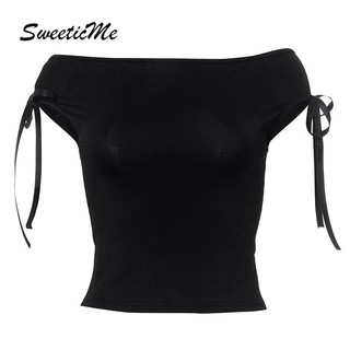 SweeticMe Áo Nữ Thời Trang Mới Tắt Vai Màu Trơn Tay Ngắn Slim Fit Áo Thun Nơ