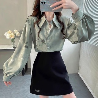 0318 Vai Đệm Thiết Kế Hàng Đầu Sense Sang Trọng Áo Sơ Mi Mùa Thu Ánh Sáng Sang Trọng Áo Sơ Mi Cao Cấp Tay Đèn Lồng Áo Sơ Mi Voan Nữ