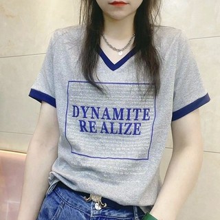 Áo thun ngắn tay cổ chữ V Cotton nguyên chất Phong cách mới Mùa hè thông thường Phiên bản Hàn Quốc Thời trang dáng rộng Phong cách phương Tây in hàng đầu Hợp thời trang