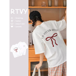 「RTVY」Áo thun Cotton ngắn tay nữ Oversize nơ in hai mặt dáng rộng